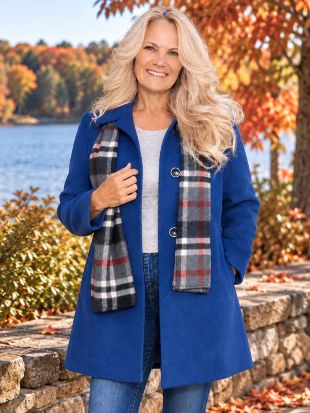 Blue Petite Pea Coat with Plaid Scarf – Size 8